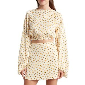 WeWoreWhat Revolve Crop Top  L Ivory Floral Billow Sleeve Cottage Coquette